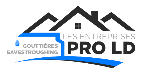 Logo graphique avec toiture stylisée et gouttière illustrée en bleu sur fond sombre en Outaouais